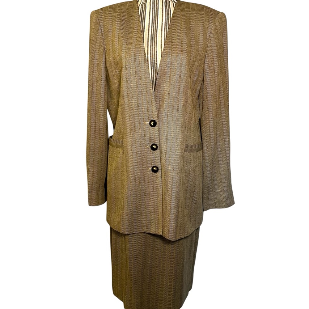Vtg 90s Dana Buchman Skirt Suit Set Brown Academia Herringbone Career Chic sz 12